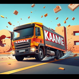 A cartoon-style truck with 'KAMAZ' written on it driving and crashing into letters that spell out the word 'GAME'