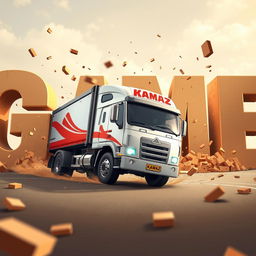 A cartoon-style truck with 'KAMAZ' written on it driving and crashing into letters that spell out the word 'GAME'