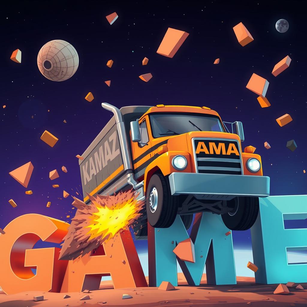 A cartoon truck with 'KAMAZ' written on it driving in space and crashing into letters that spell out 'GAME'