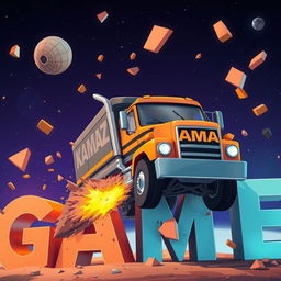 A cartoon truck with 'KAMAZ' written on it driving in space and crashing into letters that spell out 'GAME'