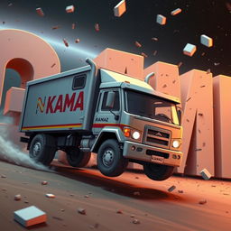 A cartoon truck with 'KAMAZ' written on it driving in space and crashing into letters that spell out 'GAME'