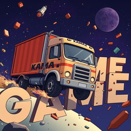 A cartoon truck with 'KAMAZ' written on it driving in space and crashing into letters that spell out 'GAME'