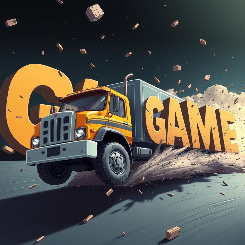 A cartoon truck with 'KAMAZ' written on it driving in space and crashing into letters that spell out 'GAME'