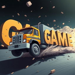 A cartoon truck with 'KAMAZ' written on it driving in space and crashing into letters that spell out 'GAME'