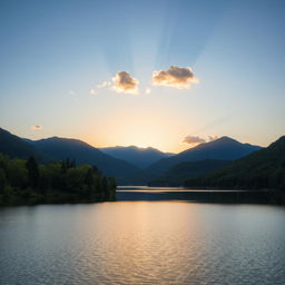 A serene landscape featuring a calm lake surrounded by lush green trees and mountains in the background