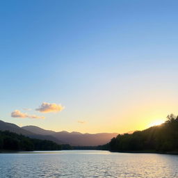 A serene landscape featuring a calm lake surrounded by lush green trees and mountains in the background