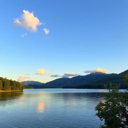 A serene landscape featuring a calm lake surrounded by lush green trees and mountains in the background