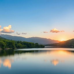 A serene landscape featuring a calm lake surrounded by lush green trees and mountains in the background