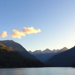 A beautiful landscape featuring a serene lake surrounded by lush green forests and majestic mountains in the background