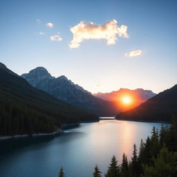 A beautiful landscape featuring a serene lake surrounded by lush green forests and majestic mountains in the background