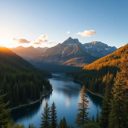 A beautiful landscape featuring a serene lake surrounded by lush green forests and majestic mountains in the background