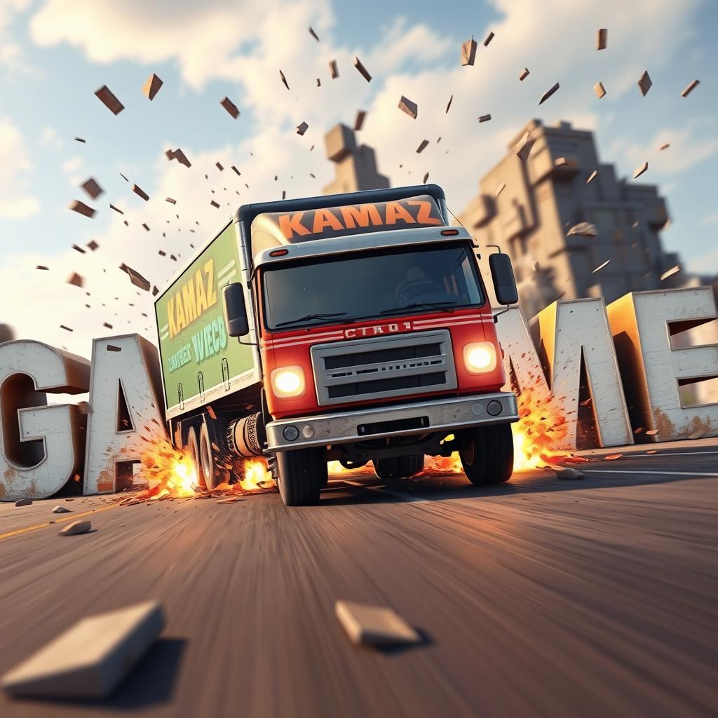 A cartoon truck with 'KAMAZ' written on it driving towards the viewer and crashing into letters that spell out 'GAME'