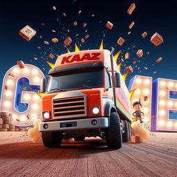 A cartoon truck with 'KAMAZ' written on it driving towards the viewer and crashing into letters that spell out 'GAME'