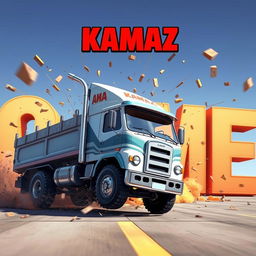 A cartoon truck with 'KAMAZ' written on it driving towards the viewer and crashing into letters that spell out 'GAME'