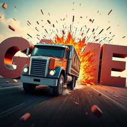 A cartoon truck with 'KAMAZ' written on it driving towards the viewer and crashing into letters that spell out 'GAME'