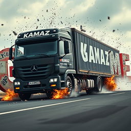 A movie-style truck with 'KAMAZ' written on it driving towards the viewer and crashing into letters that spell out 'GAME'