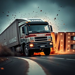 A movie-style truck with 'KAMAZ' written on it driving towards the viewer and crashing into letters that spell out 'GAME'