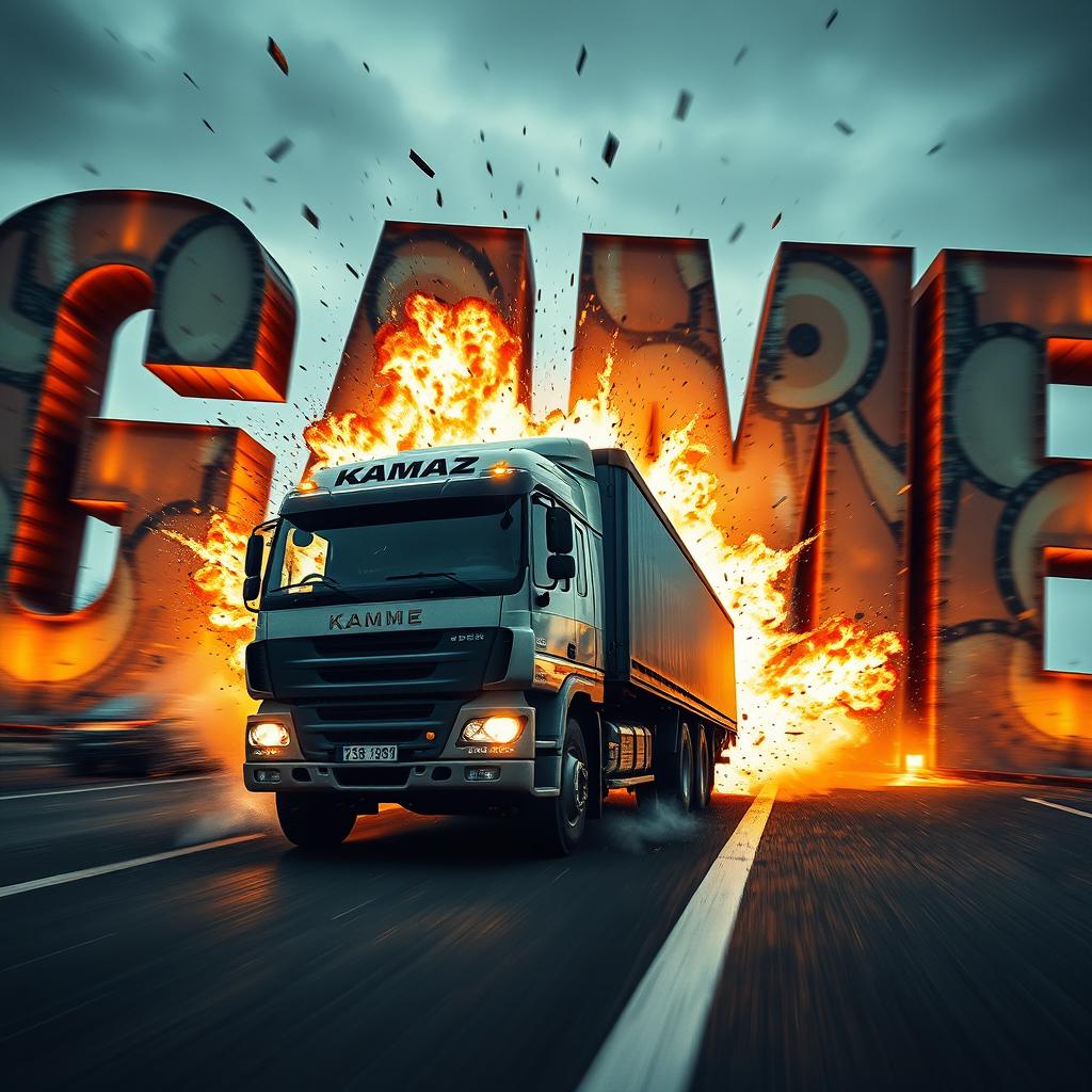 A movie-style truck with 'KAMAZ' written on it driving towards the viewer and crashing into letters that spell out 'GAME'