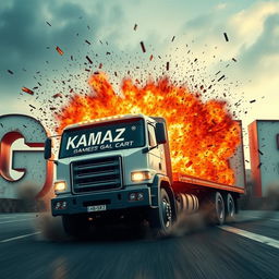 A movie-style truck with 'KAMAZ' written on it driving towards the viewer and crashing into letters that spell out 'GAME'