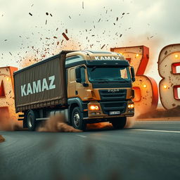 A movie-style truck with 'KAMAZ' written on it driving towards the viewer and crashing into letters that spell out 'KAMAZ68'