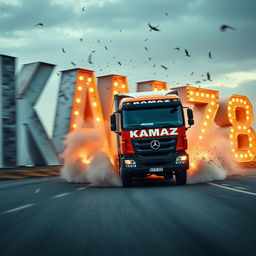 A movie-style truck with 'KAMAZ' written on it driving towards the viewer and crashing into letters that spell out 'KAMAZ68'