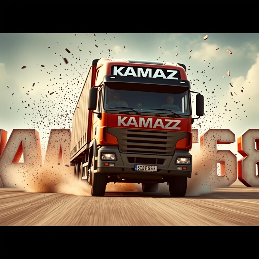 A movie-style truck with 'KAMAZ' written on it driving towards the viewer and crashing into letters that spell out 'KAMAZ68'