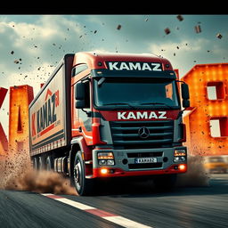 A movie-style truck with 'KAMAZ' written on it driving towards the viewer and crashing into letters that spell out 'KAMAZ68'