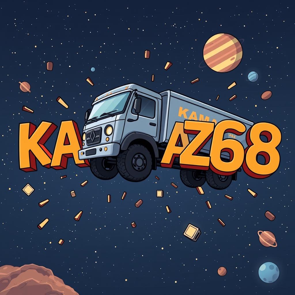 A cartoon-style truck with 'KAMAZ' written on it driving towards the viewer and crashing into letters that spell out 'KAMAZ68'