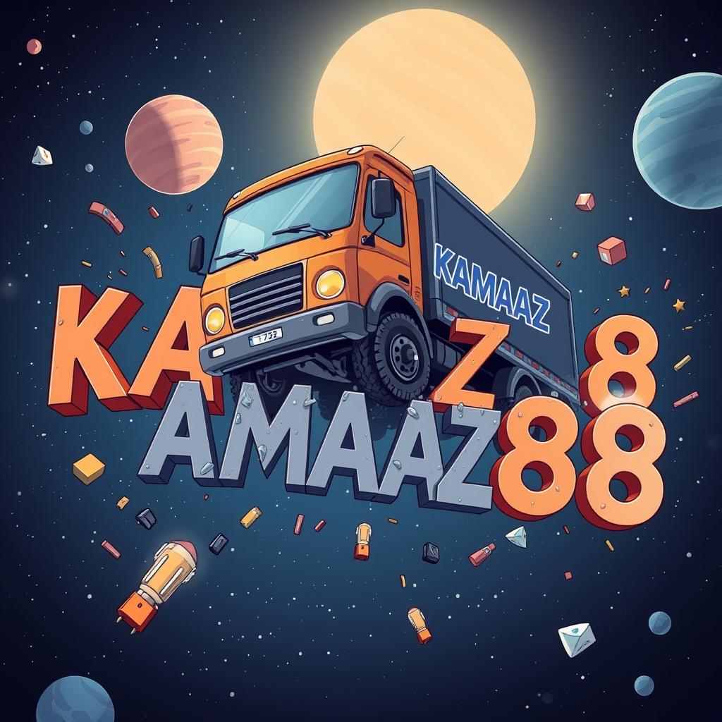 A cartoon-style truck with 'KAMAZ' written on it driving towards the viewer and crashing into letters that spell out 'KAMAZ68'