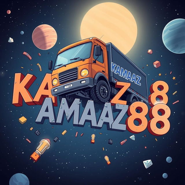 A cartoon-style truck with 'KAMAZ' written on it driving towards the viewer and crashing into letters that spell out 'KAMAZ68'