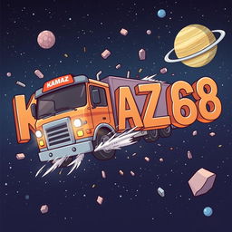 A cartoon-style truck with 'KAMAZ' written on it driving towards the viewer and crashing into letters that spell out 'KAMAZ68'