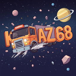 A cartoon-style truck with 'KAMAZ' written on it driving towards the viewer and crashing into letters that spell out 'KAMAZ68'