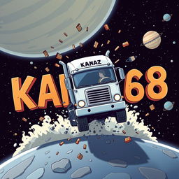 A cartoon-style truck with 'KAMAZ' written on it driving towards the viewer and crashing into letters that spell out 'KAMAZ68'