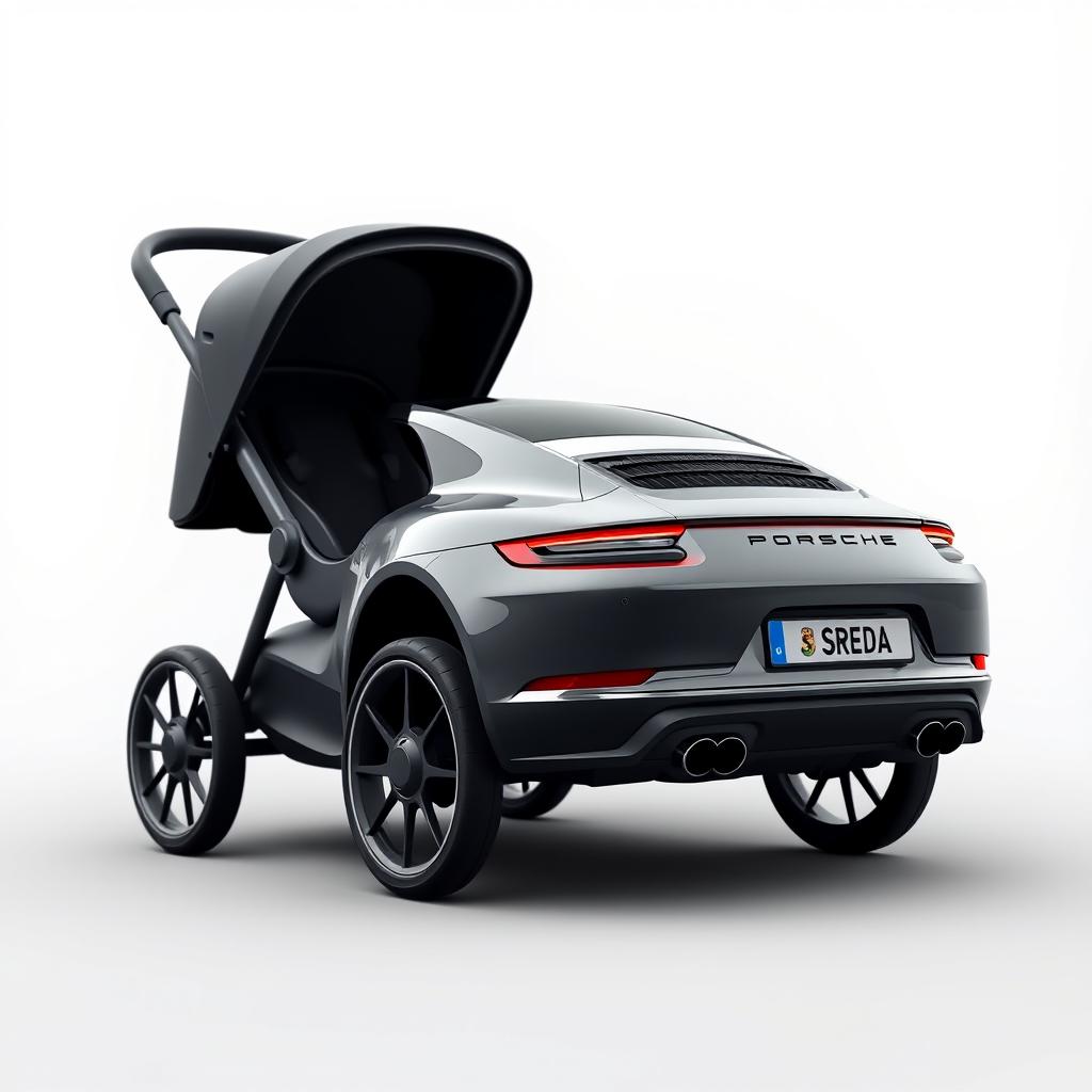 Create a design of a baby stroller that resembles a Porsche 911 car, with the license plate 'SREDA'