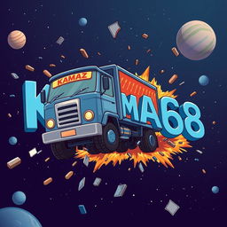 A cartoon-style truck with 'KAMAZ' written on it driving towards the viewer and crashing into letters that spell out 'KAMAZ68'