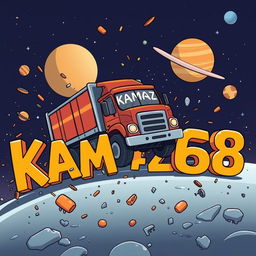 A cartoon-style truck with 'KAMAZ' written on it driving towards the viewer and crashing into letters that spell out 'KAMAZ68'