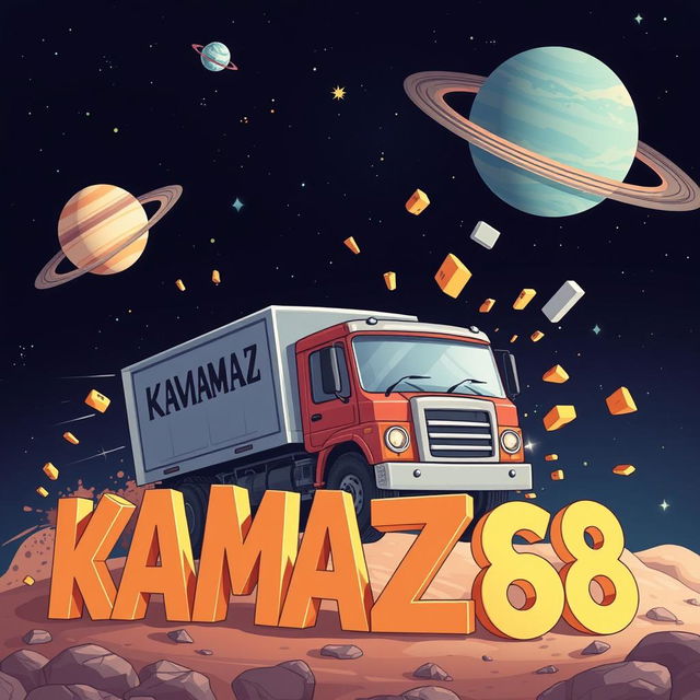 A cartoon-style truck with 'KAMAZ' written on it driving towards the viewer and crashing into letters that spell out 'KAMAZ68'