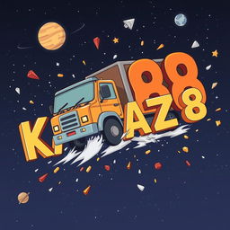 A cartoon-style truck with 'KAMAZ' written on it driving towards the viewer and crashing into letters that spell out 'KAMAZ68'