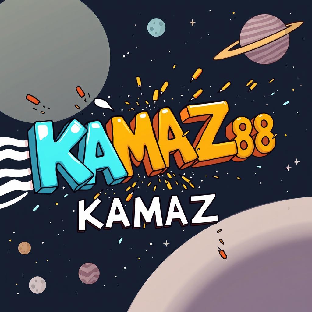 Cartoon-style letters spelling 'KAMAZ' are driving towards the viewer and crashing into letters that spell out 'KAMAZ68'