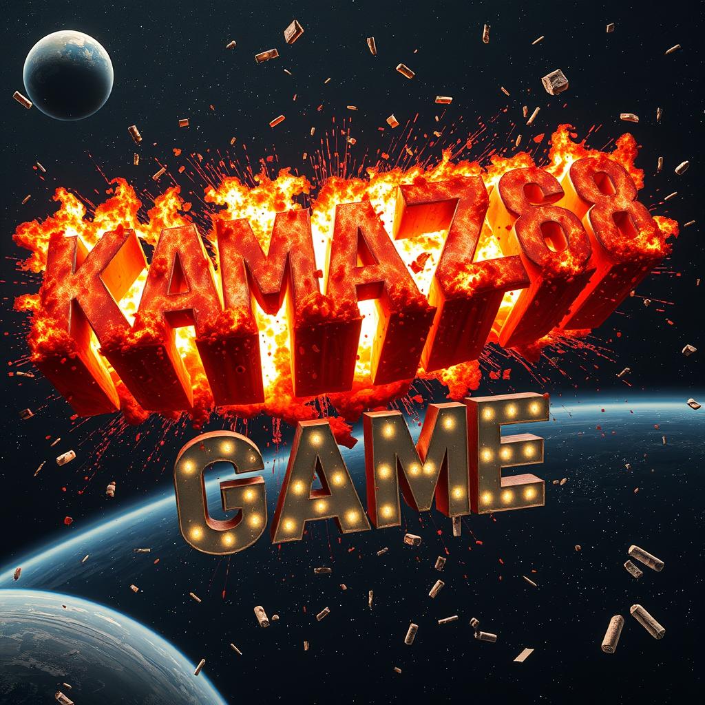 Giant letters spelling 'KAMAZ 68' from a movie are exploding into letters that spell out 'GAME'
