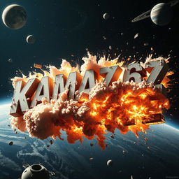 Giant letters spelling 'KAMAZ 68' from a movie are exploding into letters that spell out 'GAME'