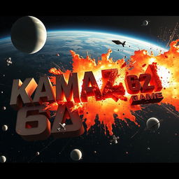 Giant letters spelling 'KAMAZ 68' from a movie are exploding into letters that spell out 'GAME'