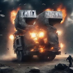 In outer space, enormous letters spelling 'KAMAZ 68' from a movie explode into letters that spell out 'GAME'