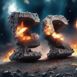 In outer space, enormous letters spelling 'KAMAZ 68' from a movie explode into letters that spell out 'GAME'