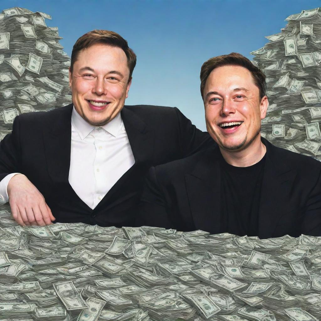 A happy, cartoon version of philanthropist MrBeast and innovator Elon Musk, with a huge heap of money in the background.