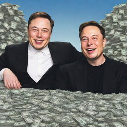 A happy, cartoon version of philanthropist MrBeast and innovator Elon Musk, with a huge heap of money in the background.