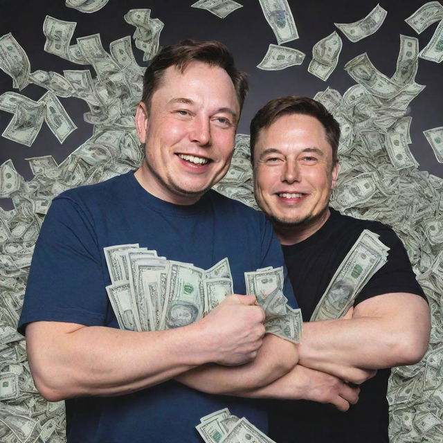 A happy, cartoon version of philanthropist MrBeast and innovator Elon Musk, with a huge heap of money in the background.