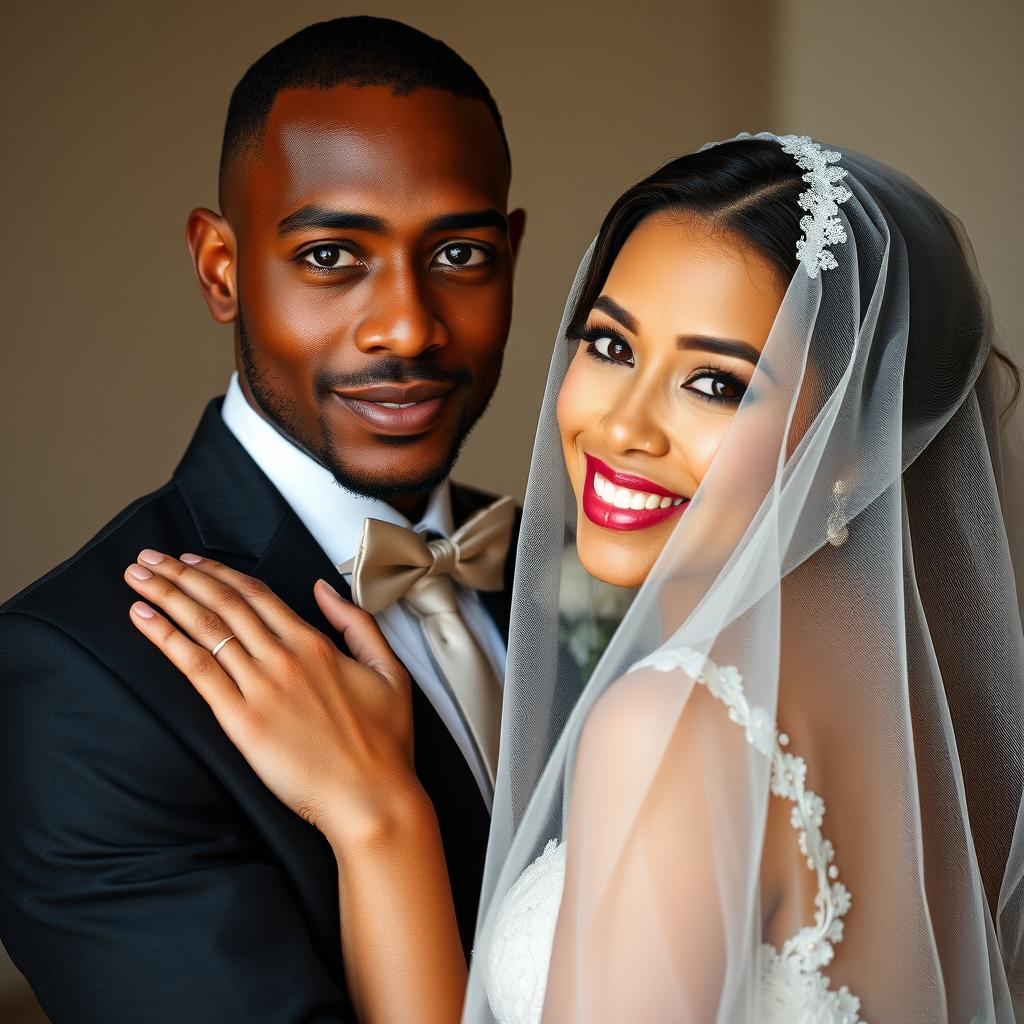 A brown, skinny groom embraces his veiled bride and looks directly at the camera