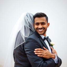 A brown, skinny groom embraces his veiled bride and looks directly at the camera