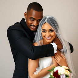 A brown, skinny groom embraces his veiled bride and looks directly at the camera